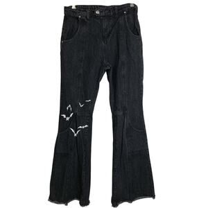 Ditch LA Jeans Womens Medium Black Flare Bat Print Distressed Denim Goth Y2K